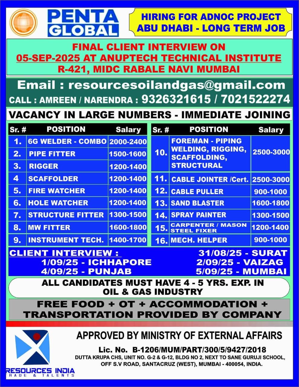 Abu Dhabi ADNOC project jobs free recruitment for welders, fitters, scaffolders, foremen, riggers, and technicians with Penta Global