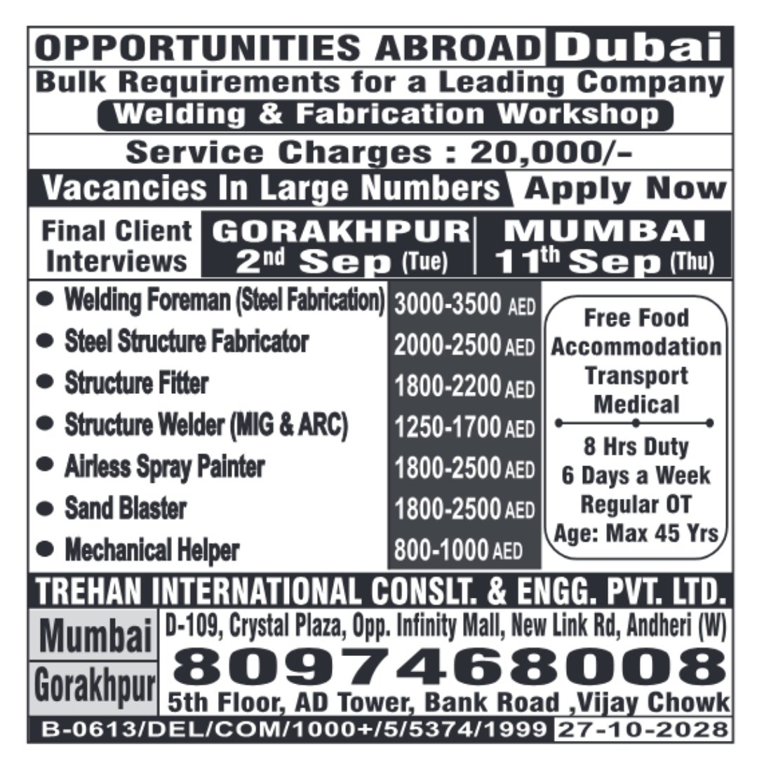 Dubai welding and fabrication jobs with final interview in Gorakhpur and Mumbai
