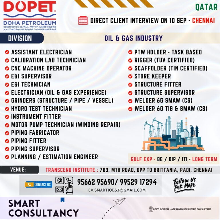 WANTED FOR A LEADING OIL & GAS COMPANY – QATAR | DIRECT CLIENT INTERVIEW ON 10th SEPTEMBER – CHENNAI