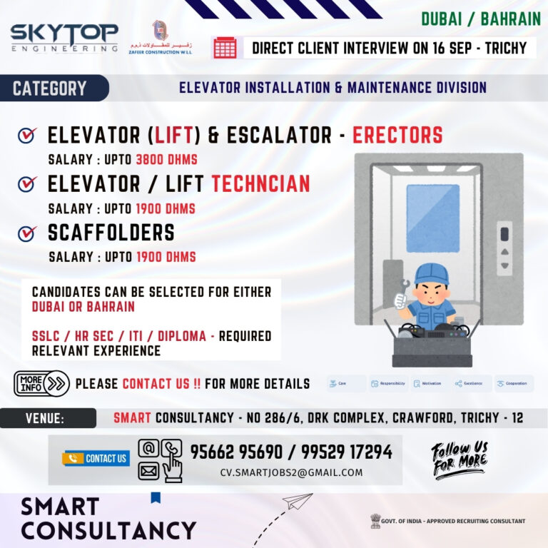WANTED FOR A LEADING INSTALLATION & MAINTENANCE COMPANY – DUBAI & BAHRAIN | DIRECT CLIENT INTERVIEW ON 16th SEPTEMBER – TRICHY