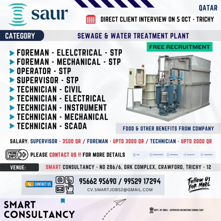 WANTED FOR A LEADING WATER TREATMENT PLANT COMPANY - QATAR / DIRECT CLIENT INTERVIEW ON 5TH OCTOBER - TRICHY 5 WANTED FOR A LEADING WATER TREATMENT PLANT COMPANY – QATAR / DIRECT CLIENT INTERVIEW ON 5TH OCTOBER – TRICHY