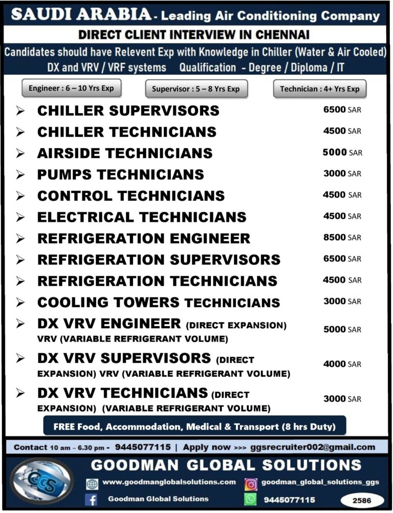 SAUDI ARABIA – LEADING AIR CONDITIONING COMPANY  DIRECT  CLIENT INTERVIEW  IN CHENNAI