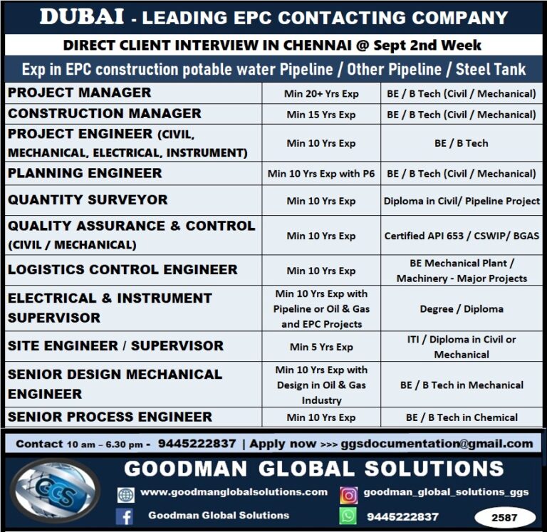 DUBAI – LEADING EPC CONTACTING COMPANY  DIRECT  CLIENT INTERVIEW  IN CHENNAI @SEPTEMBER 2ND WEEK