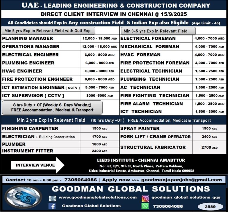 UAE - LEADING ENGINEERING & CONSTRUCTION COMPANY DIRECT CLIENT INTERVIEW IN CHENNAI ON 15-09-2025 8 UAE – LEADING ENGINEERING & CONSTRUCTION COMPANY DIRECT CLIENT INTERVIEW IN CHENNAI ON 15-09-2025