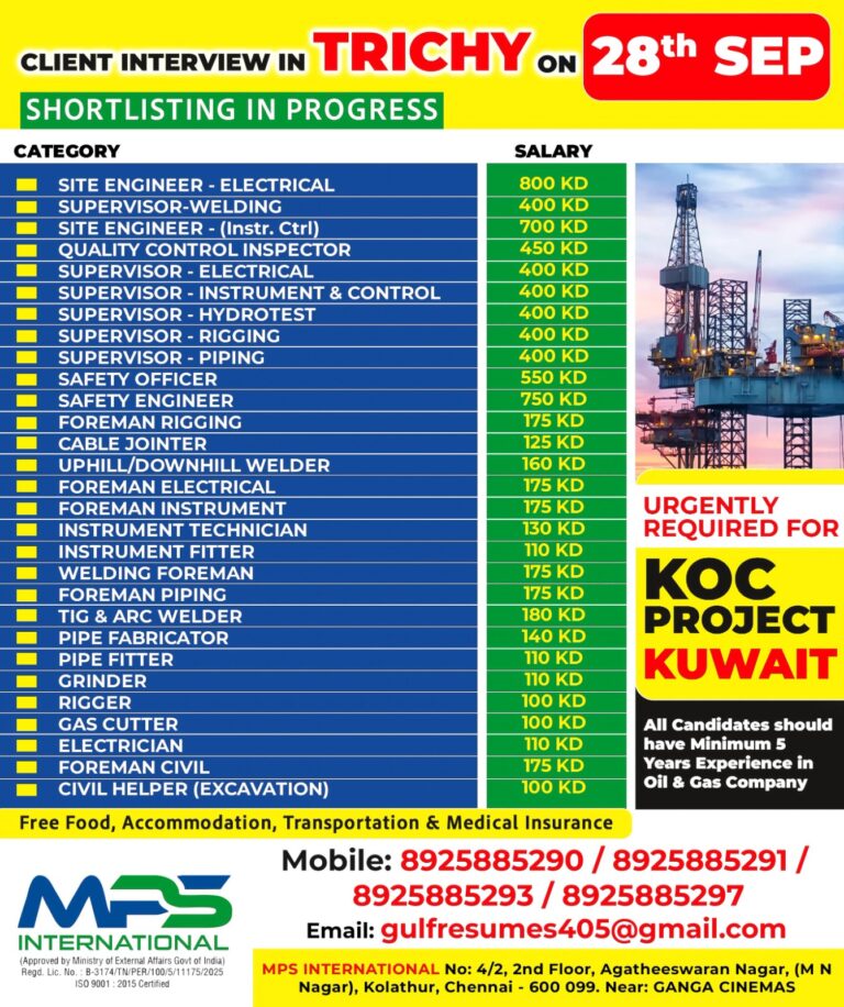 URGENT REQUIREMENT FOR KOC PROJECT KUWAIT CLIENT INTERVIEW IN TRICHY ON 28.09.2025