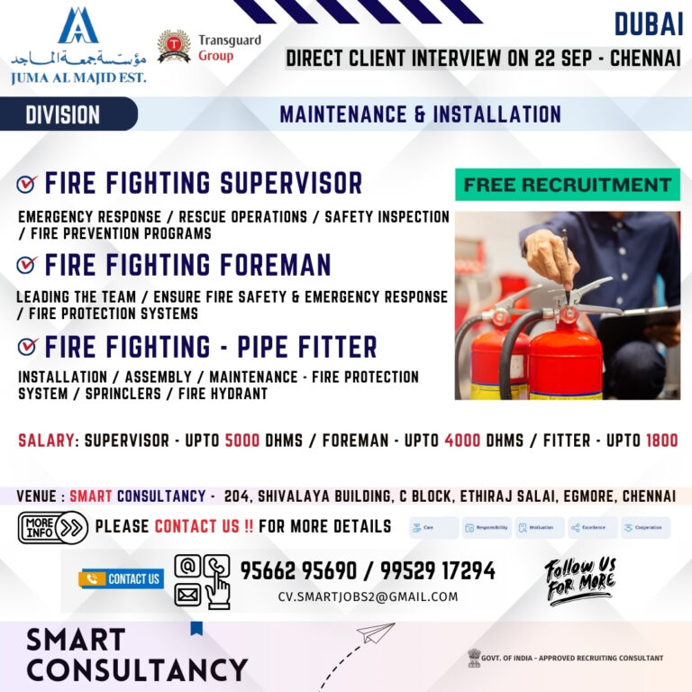 WANTED FOR A LEADING INSTALLATION & MAINTENANCE COMPANY - DUBAI | DIRECT CLIENT INTERVIEW ON 22nd SEPTEMBER - CHENNAI 8 WANTED FOR A LEADING INSTALLATION & MAINTENANCE COMPANY – DUBAI | DIRECT CLIENT INTERVIEW ON 22nd SEPTEMBER – CHENNAI