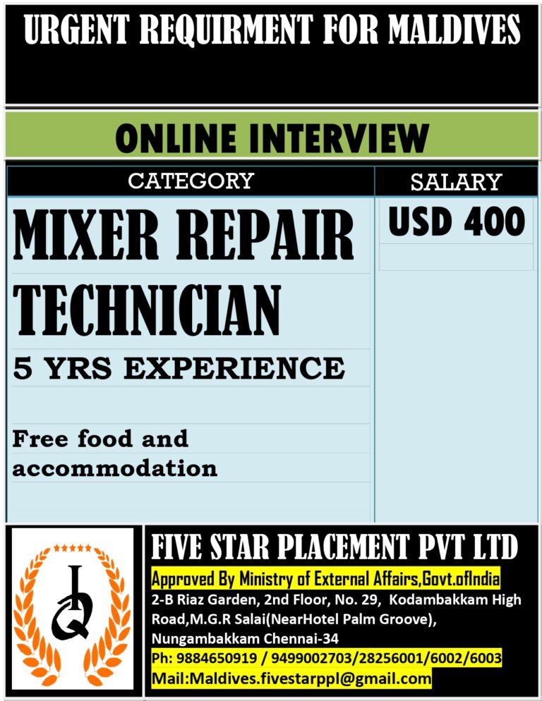 URGENT REQUIREMENT FOR MALDIVES
