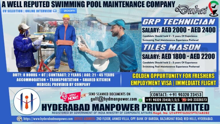 Urgent Hiring for A Well Reputed Swimming Pool Company in Dubai