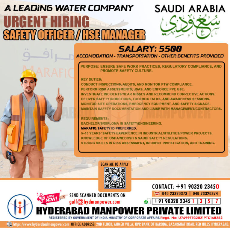 Urgent Hiring for A Leading Water Company in Saudi Arabia