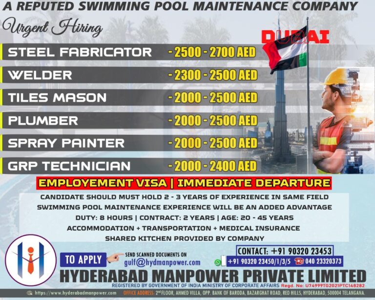 Urgent Hiring for A Reputed Swimming Cool Maintenance Company of DUBAI