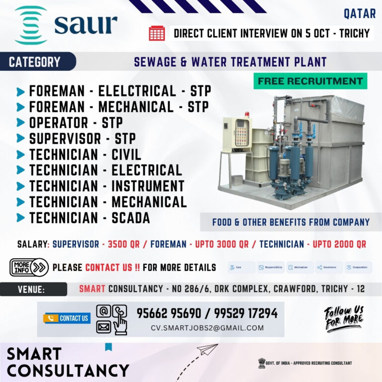 WANTED FOR A LEADING WATER TREATMENT PLANT COMPANY - QATAR / DIRECT CLIENT INTERVIEW ON 5TH OCTOBER - TRICHY 3 WANTED FOR A LEADING WATER TREATMENT PLANT COMPANY – QATAR / DIRECT CLIENT INTERVIEW ON 5TH OCTOBER – TRICHY