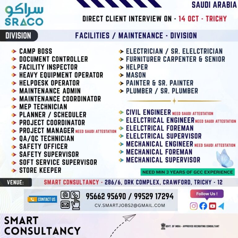 WANTED FOR A LEADING MAINTENANCE COMPANY (SAUDI) – DIRECT CLIENT INTERVIEW ON 14 OCTOBER – TRICHY