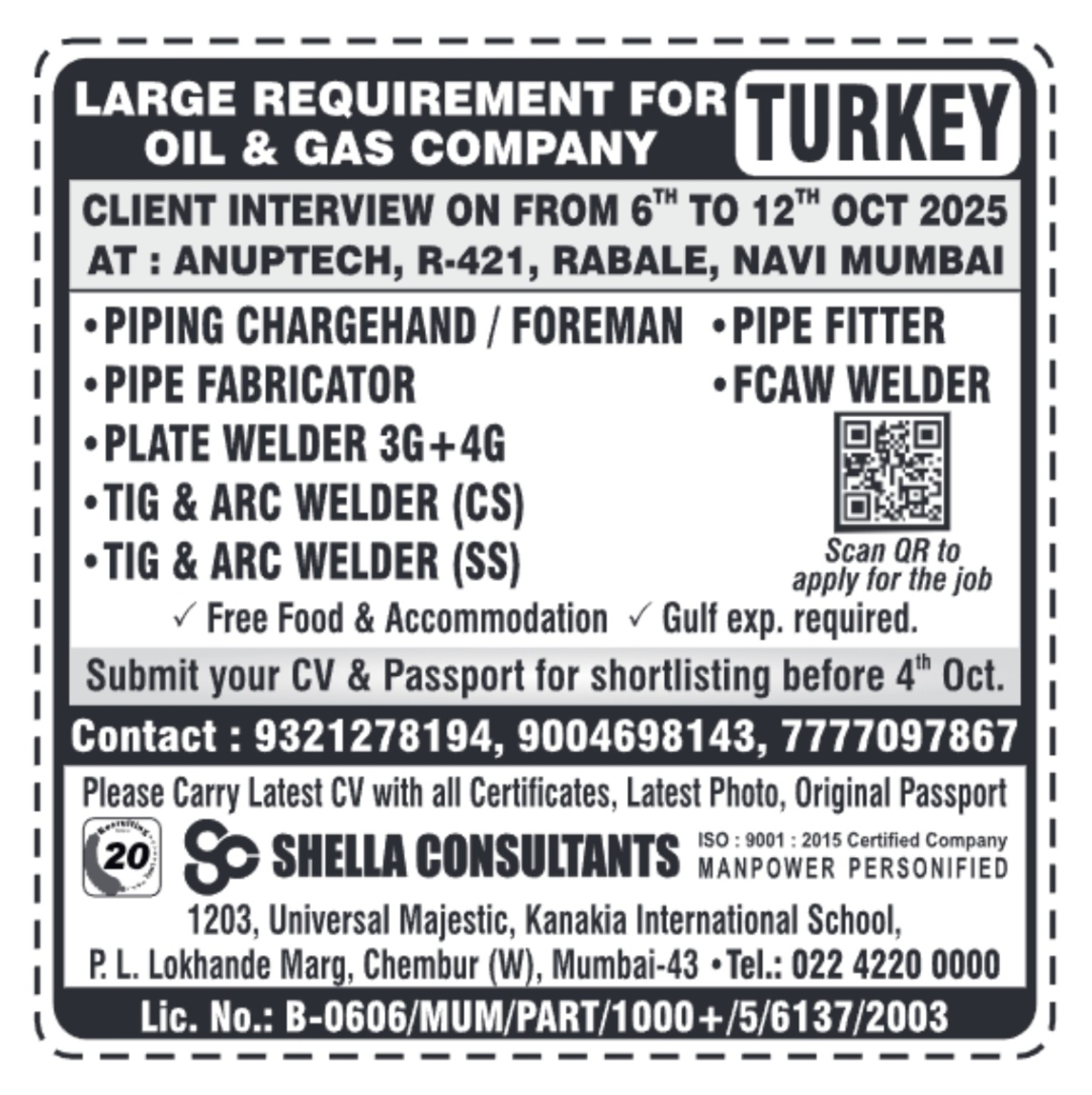 Turkey oil and gas jobs client interview in Navi Mumbai from 6th to 12th October 2025 for welders, pipe fitters, and fabricators.