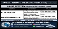 DUBAI - ELECTRICAL CABLE MANUFACTURING Industry (Long Term Project) ONLINE INTERVIEW