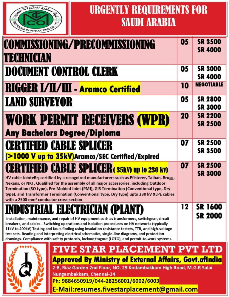 URGENT JOB OPENING FOR SAUDI ARABIA
