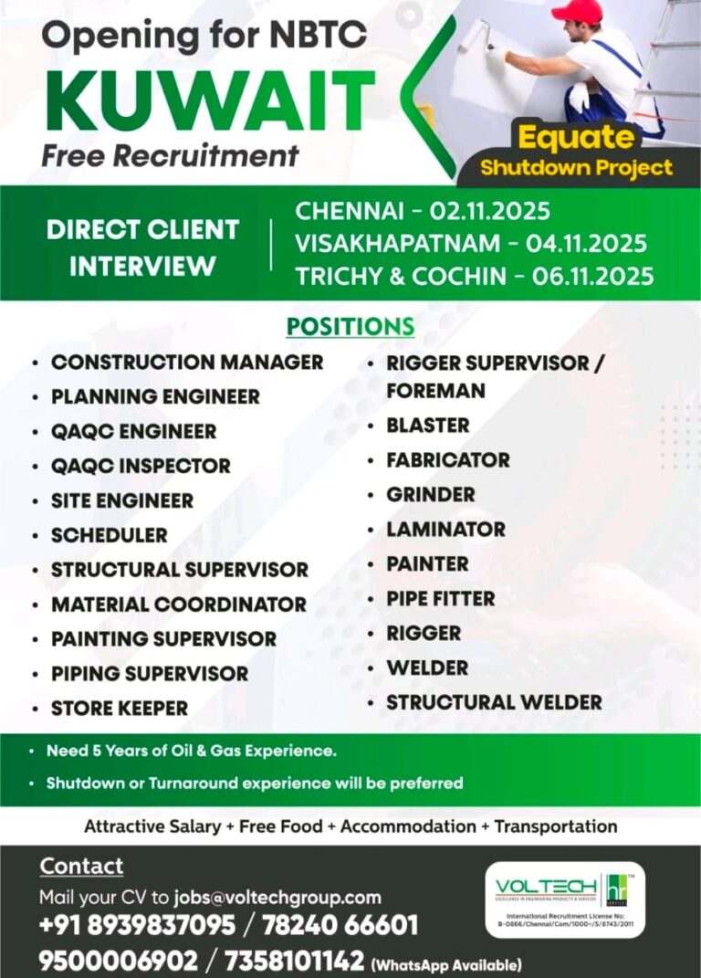 NBTC Kuwait Shutdown Jobs | Free Recruitment | Voltech HR Client Interview in Chennai, Vizag, Trichy & Cochin
