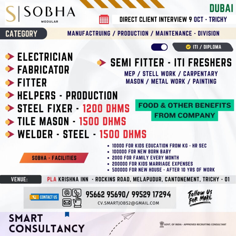 WANTED FOR A LEADING MANUFACTURING COMPANY - UAE | MANUFACTURING DIVISION | DIRECT CLIENT INTERVIEW ON 9TH OCTOBER - TRICHY 1 WANTED FOR A LEADING MANUFACTURING COMPANY – UAE | MANUFACTURING DIVISION | DIRECT CLIENT INTERVIEW ON 9TH OCTOBER – TRICHY