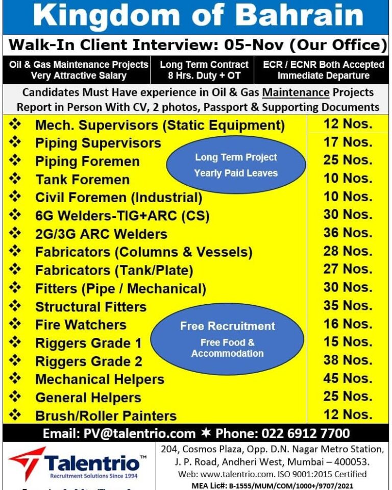Bahrain Oil & Gas Jobs – Free Recruitment for Long-Term Project | Talentrio Client Interview in Mumbai