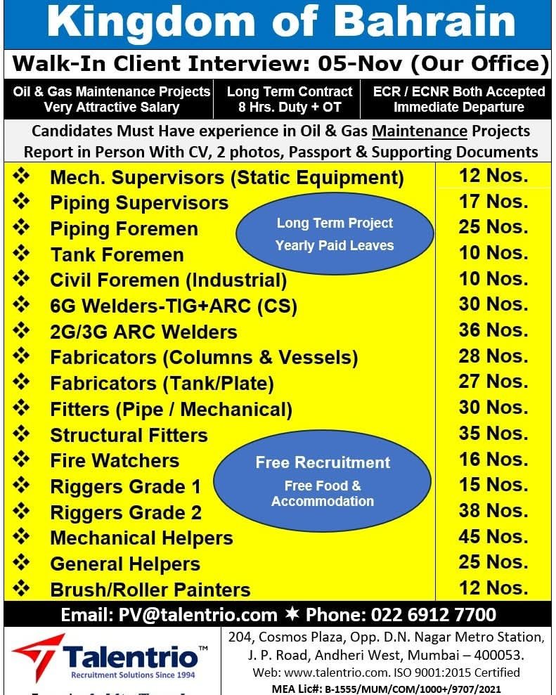 Bahrain oil and gas maintenance project jobs through Talentrio free recruitment