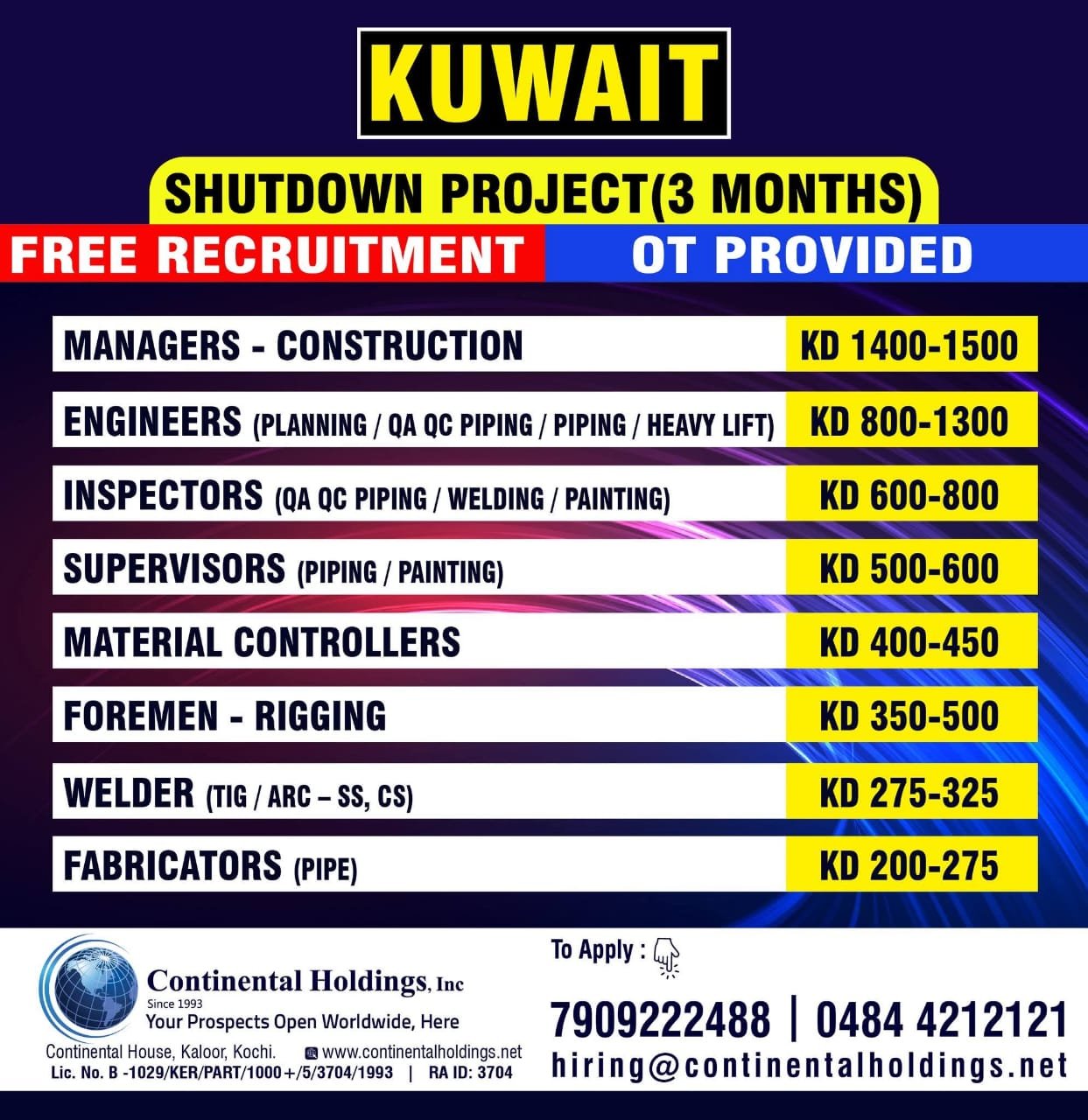 Kuwait shutdown project jobs with free recruitment by Continental Holdings