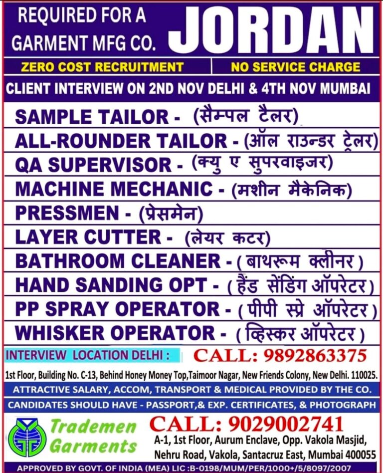 Jordan Garment Factory Jobs – Free Recruitment in Delhi & Mumbai | Trademen Garments