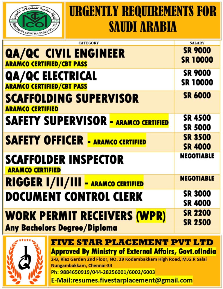 URGENT JOB OPENING FOR SAUDI ARABIA