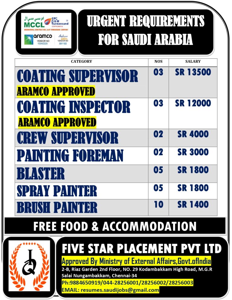 URGENT JOB OPENING FOR SAUDI ARABIA
