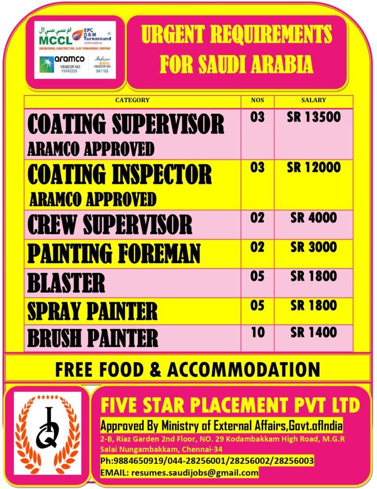 URGENT JOB OPENING FOR SAUDI ARABIA