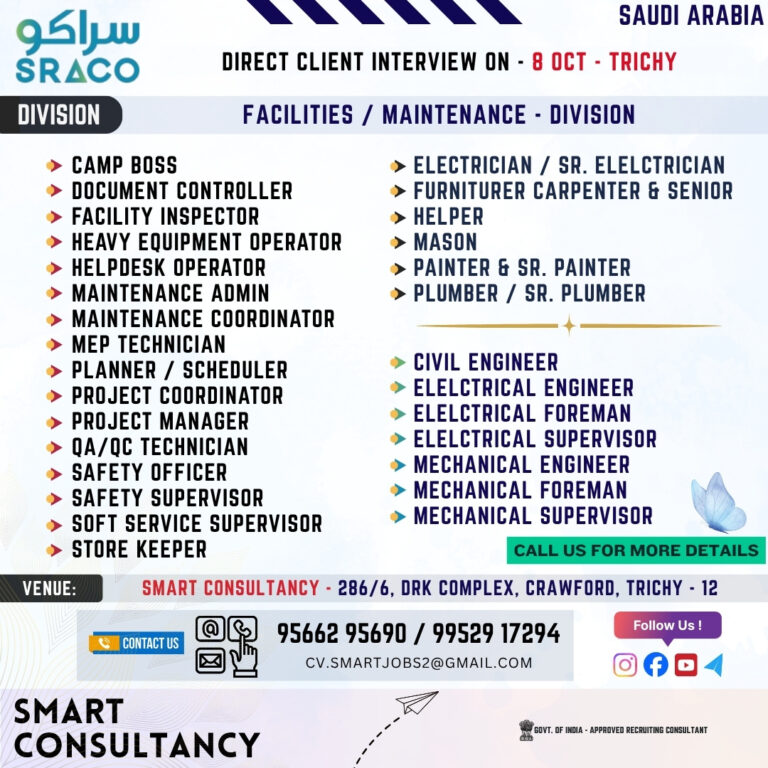 WANTED FOR A LEADING MAINTENANCE COMPANY (SAUDI) - DIRECT CLIENT INTERVIEW ON 8 OCTOBER - TRICHY 2 WANTED FOR A LEADING MAINTENANCE COMPANY (SAUDI) – DIRECT CLIENT INTERVIEW ON 8 OCTOBER – TRICHY