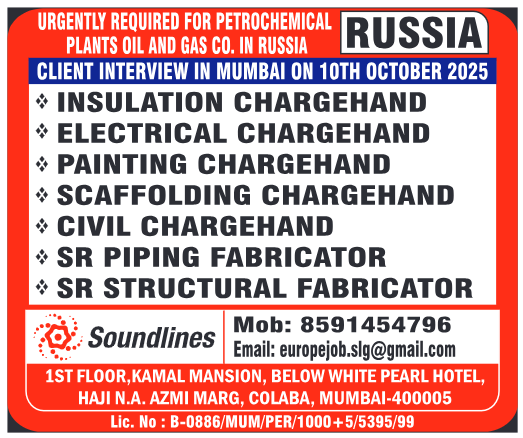 Russia petrochemical plant oil and gas jobs with client interview in Mumbai on 10th October 2025 for chargehand and fabricator positions.