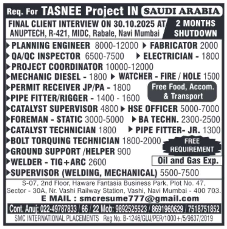 Saudi Arabia TASNEE project shutdown jobs with client interview in Mumbai on 30th October 2025 for engineers, welders, and technicians.
