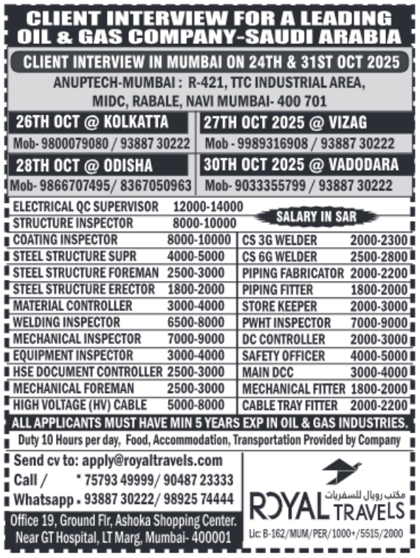 Saudi Arabia oil and gas company jobs with client interviews in Mumbai, Kolkata, Vizag, Odisha, and Vadodara.