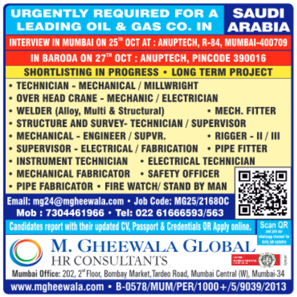Saudi Arabia oil and gas long-term project jobs with client interviews in Mumbai and Baroda for multiple engineering and technician positions.