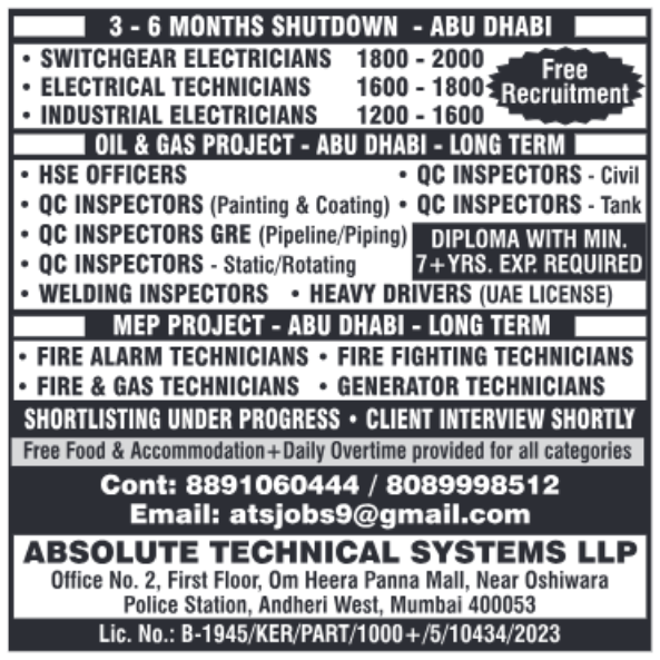 Abu Dhabi oil and gas project shutdown jobs for electricians, QC inspectors, and technicians.