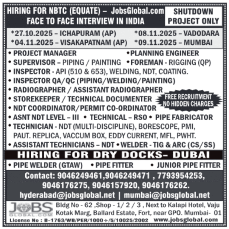 NBTC (Equate) Shutdown Jobs – Free Recruitment | Face-to-Face Interviews Across India