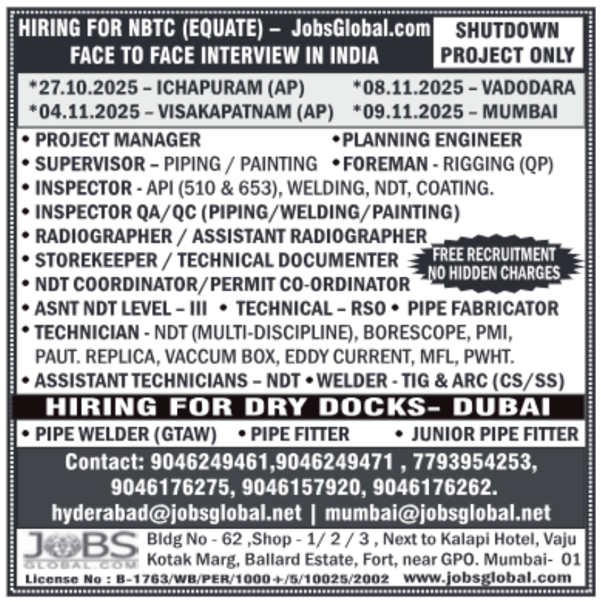 NBTC Equate shutdown project jobs for oil and gas industry with free recruitment and interviews across India in Oct–Nov 2025.