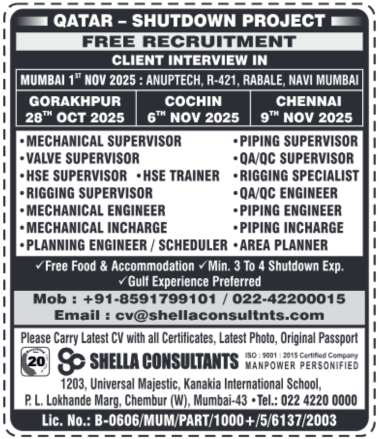 Qatar Shutdown Project free recruitment interviews by Shella Consultants
