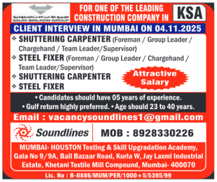 KSA construction jobs for shuttering carpenter and steel fixer by Soundlines Mumbai