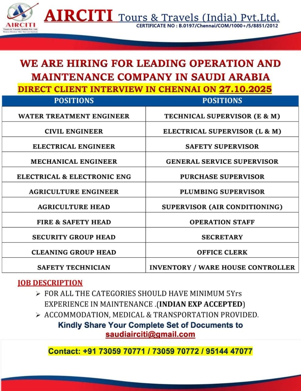 Saudi Arabia operation and maintenance jobs with direct client interview in Chennai on 27th October 2025 for engineers, supervisors, and technicians.