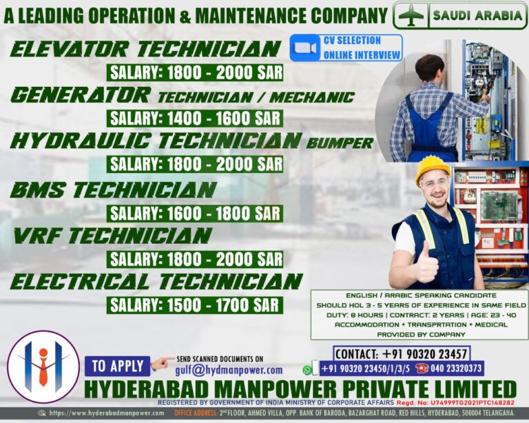 Urgent Hiring for A Leading Operation And Maintenance Company – Saudi Arabia