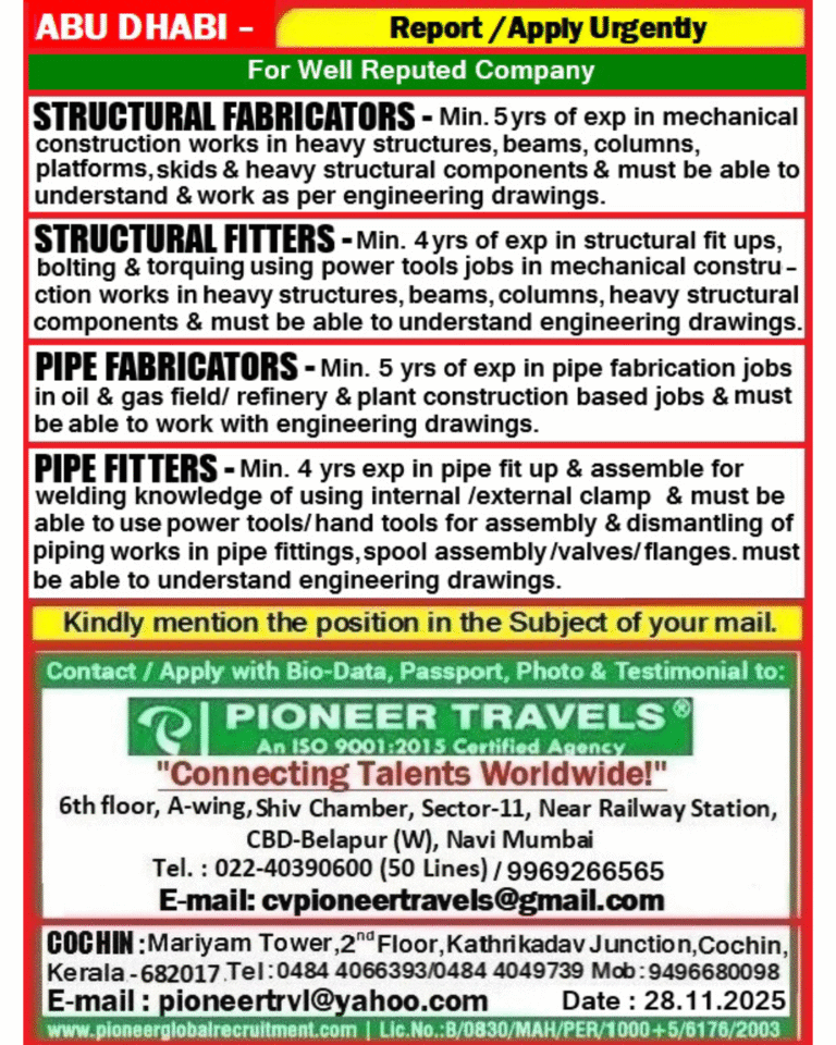 Urgently Hiring For Abu Dhabi