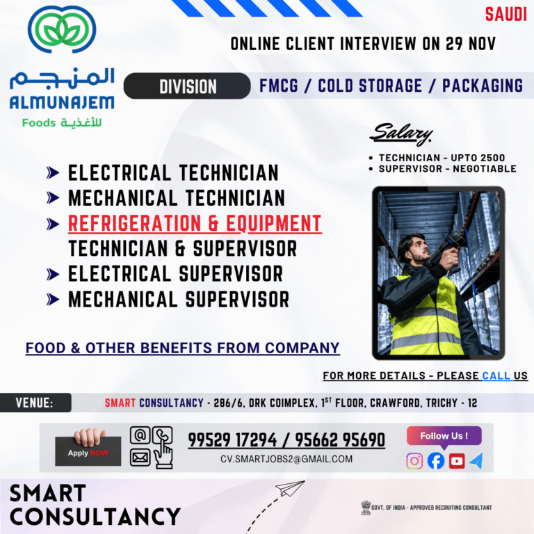WANTED FOR A LEADING FMCG / COLD STORAGE COMPANY – CLIENT INTERVIEW ON 29th NOVEMBER – TRICHY