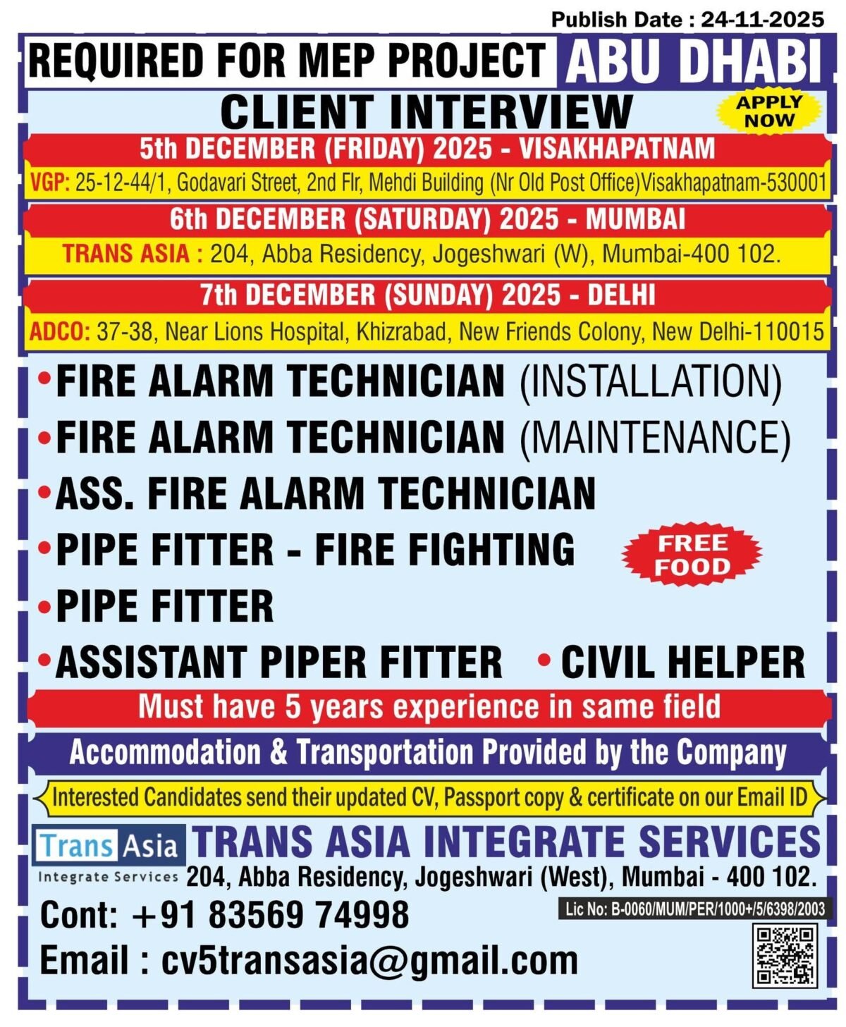 Abu Dhabi MEP project hiring fire alarm technicians and pipe fitters through Trans Asia