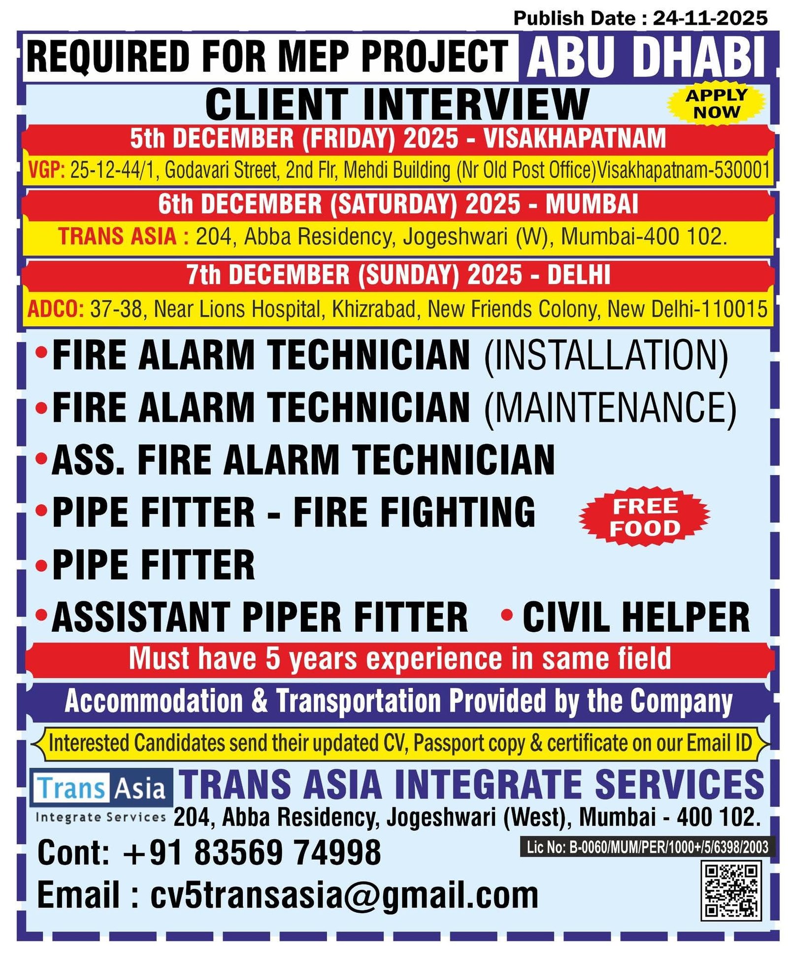 Abu Dhabi MEP project hiring fire alarm technicians and pipe fitters through Trans Asia