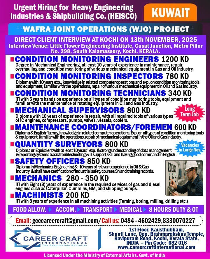 Kuwait job vacancy 2025 HEISCO Wafra Joint Operations engineers supervisors technicians