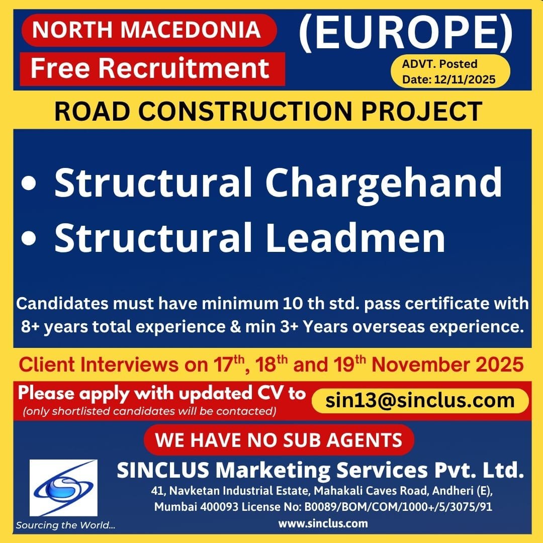 North Macedonia road construction jobs for Structural Chargehand and Leadmen through Sinclus Marketing Services