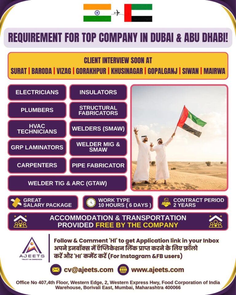 Dubai and Abu Dhabi Jobs – Free Recruitment for Electricians, Welders, Fabricators | Ajeets