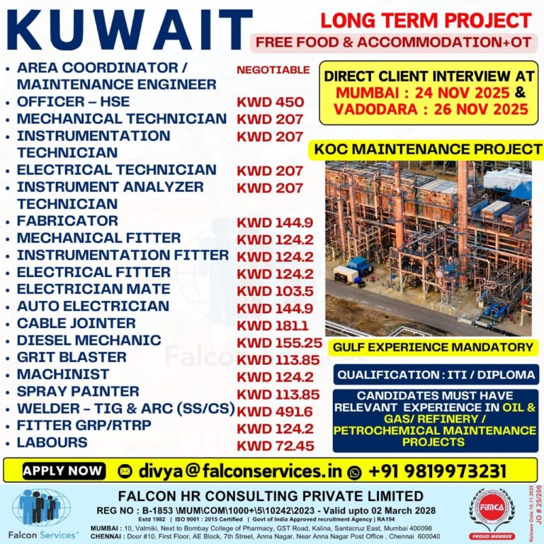 Kuwait KOC Maintenance Project Jobs – Free Food, Accommodation & OT | Falcon Services