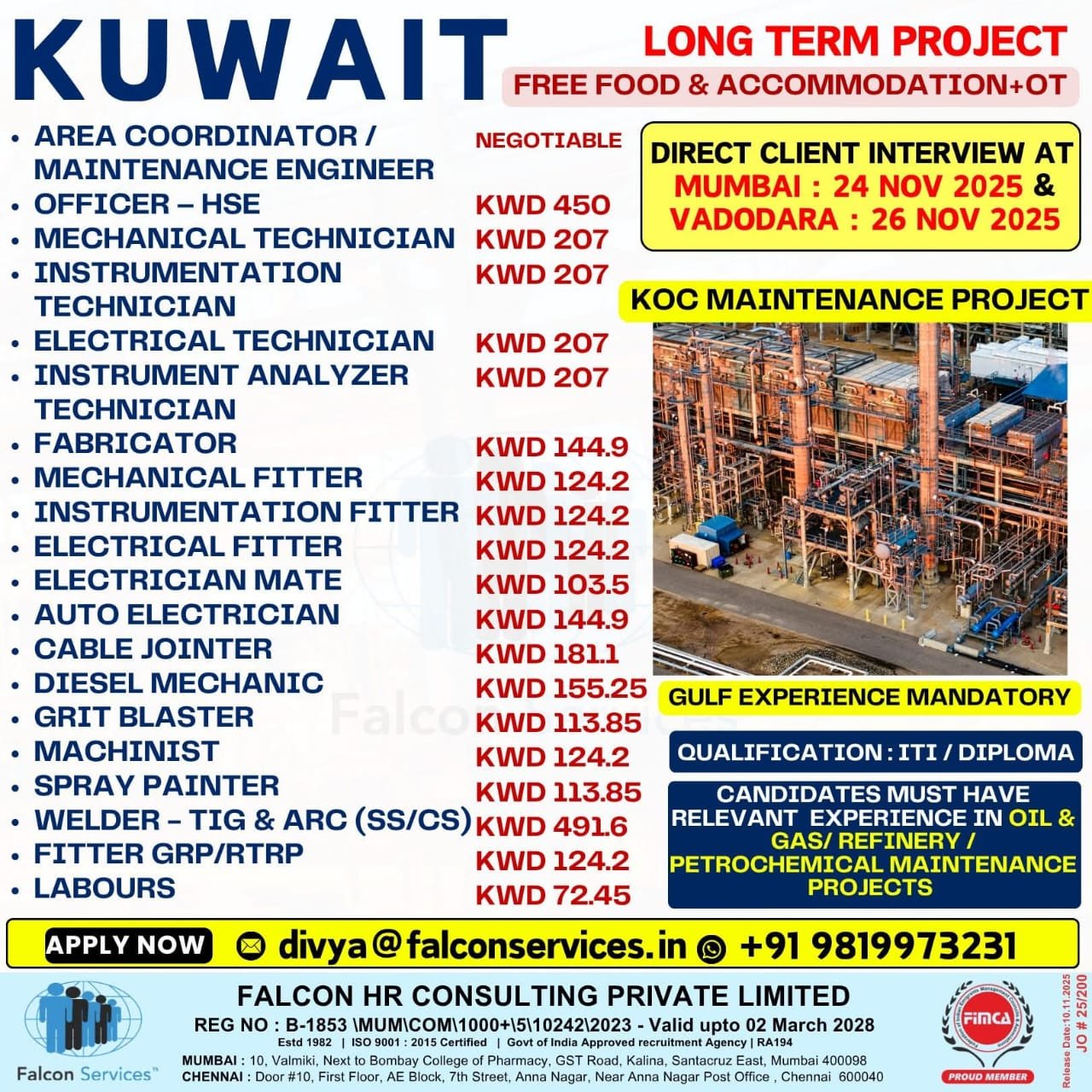 Kuwait KOC maintenance project jobs with free food accommodation and overtime by Falcon Services