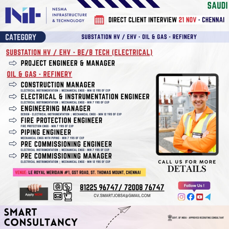 WANTED FOR A LEADING SUBSTATION / OIL & GAS COMPANY (SAUDI) – DIRECT CLIENT INTERVIEW ON 21st NOVEMBER – CHENNAI